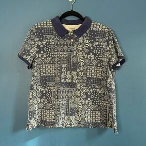 Lands End Polo Women's Size Large Petite Navy‎ Blue White Preppy Paisley Retro